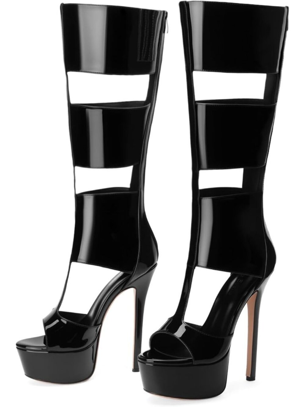 Women's Black Patent Faux Leather Summer Open Toe Sexy Style Knee High Heels
